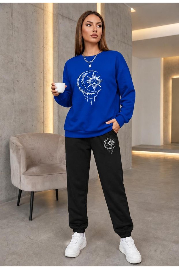 Zero Collar Sweat Suit 2-Piece Combination with Pullover and Pants, Unisex, Moon and Sun Printed