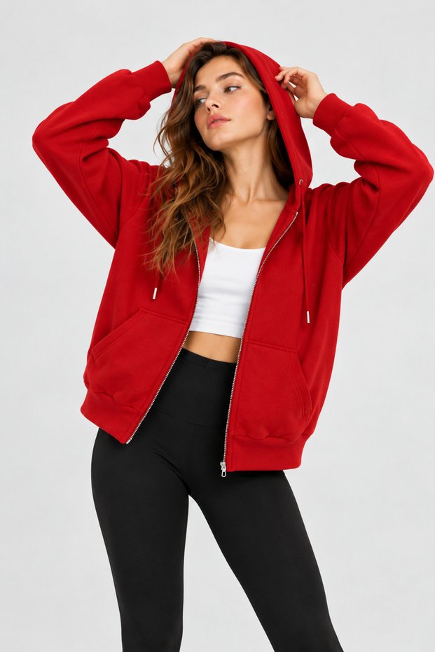 Women's Zippered Hooded Oversize Sweatshirt Cardigan with Pockets 27701 - Red