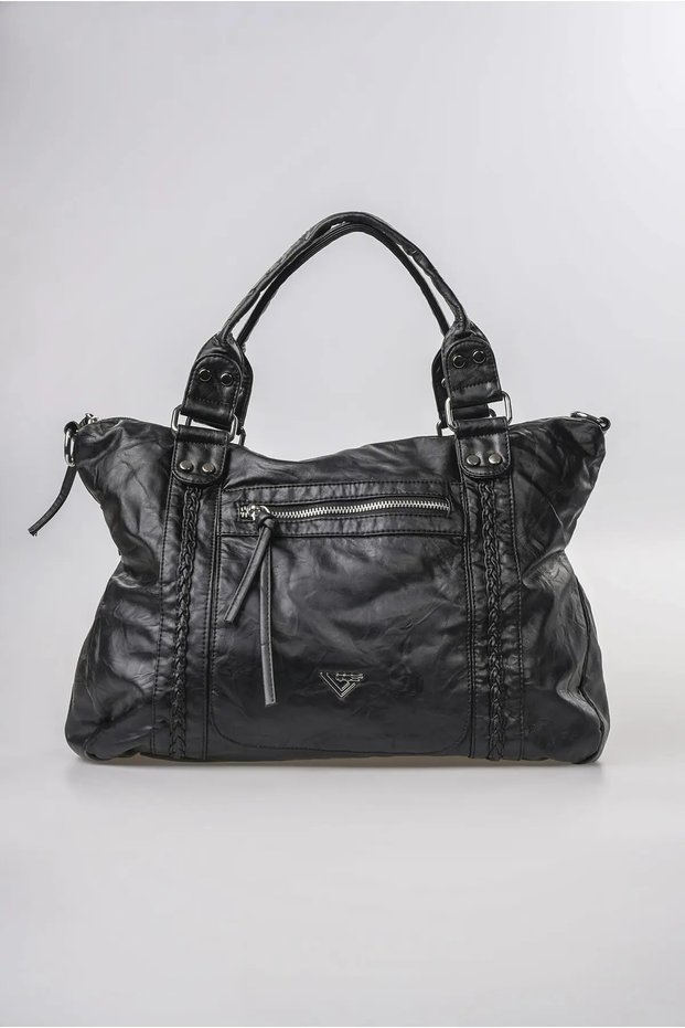 Women's Vintage Washed Leather Look Knitted Detailed Zippered Large Size Shoulder and Shoulder Bag Black 18380