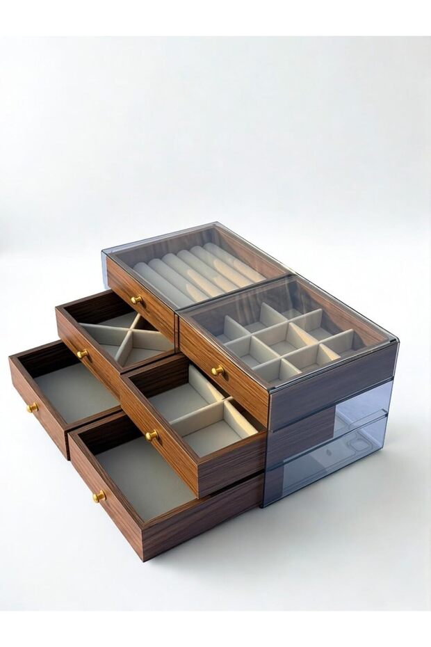 Walnut Jewellery Organiser Box, Wood Grain, 6 organizing Trays, Wooden Jewelry box, Transparent, Storage for Bracelets, Rings, Studs, Earings, Neclace and more (3-Tier)