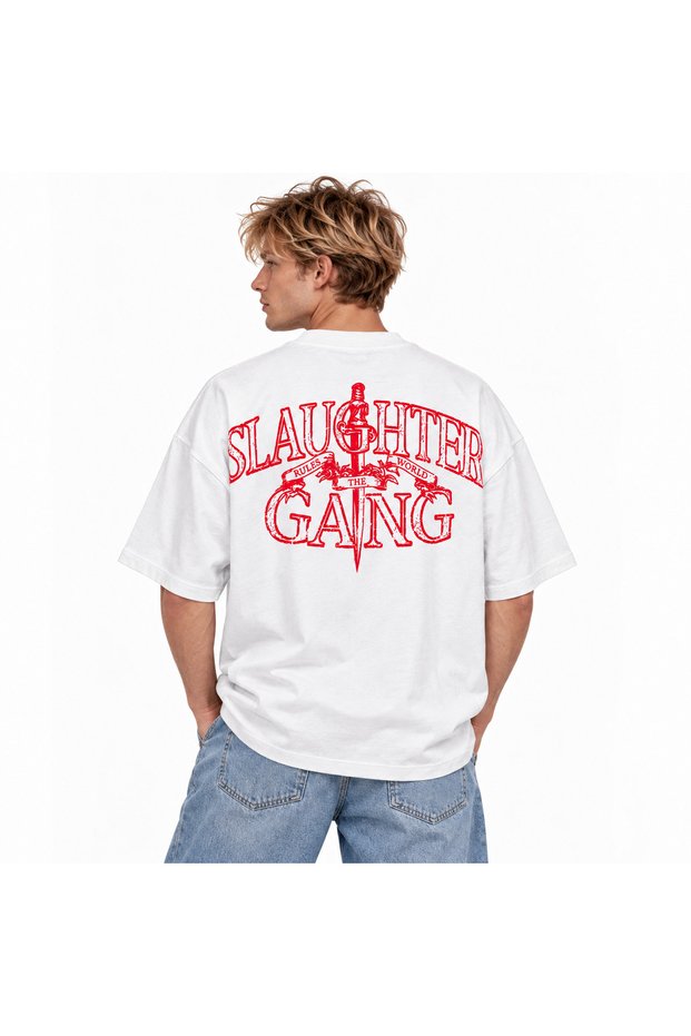 Unisex Women's Men's Slaughter Gang Back Printed Oversized Thick Fabric Relaxed Fit T-Shirt