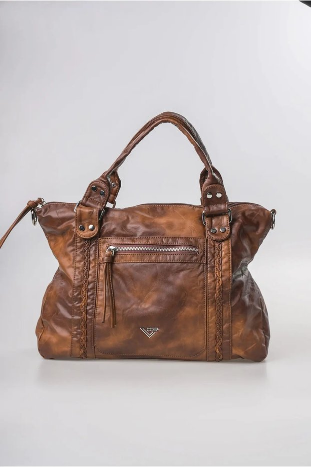 Women's Vintage Washed Leather Look Knitted Detailed Zippered Large Size Shoulder and Shoulder Bag Camel 18380