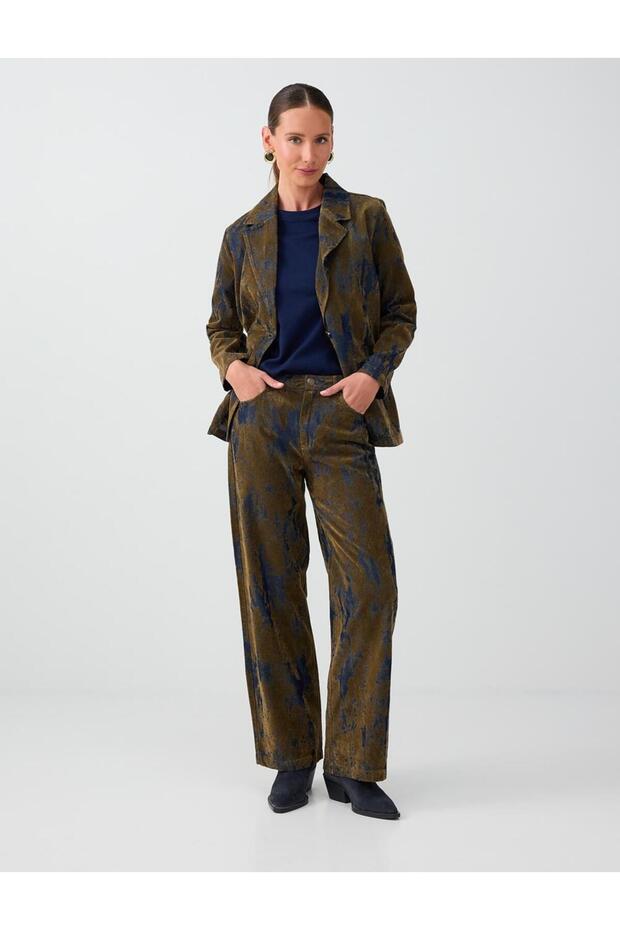 Khaki Pocket Detailed Flocked Printed Denim Trousers