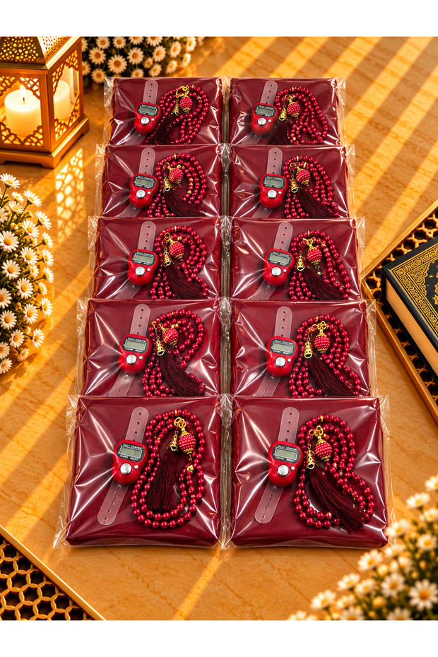10 Pieces of Bordo Gelatin Flamed Cover Prayer Beads and Plain Zikirmatik Set