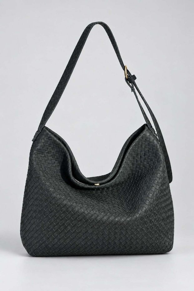 Black Women's Knitted Textured Adjustable Strap Suede Look Women's Hobo Shoulder Bag