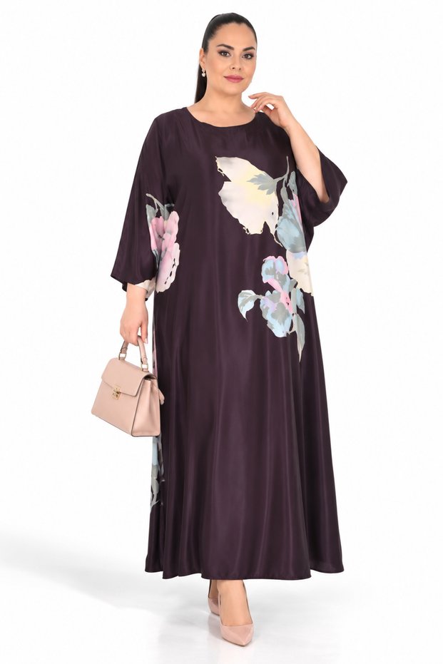Plus Size Floral Print Long Satin Special Occasion Dress