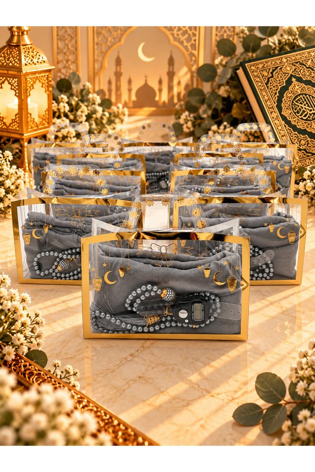 10 Pieces of Gray Gilded Bags with a Flared Cover, Prayer Beads and Simple Dhikr Mat Kit