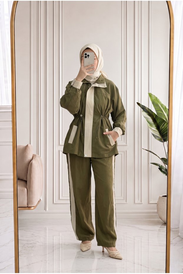 Hasibe High Collar Snap Fastener Gathered Waist Suit - Pn3259 Oil Green