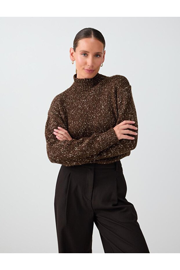 Dark Brown Stand Collar Relaxed Fit Melange Nopeli Knitwear Sweater