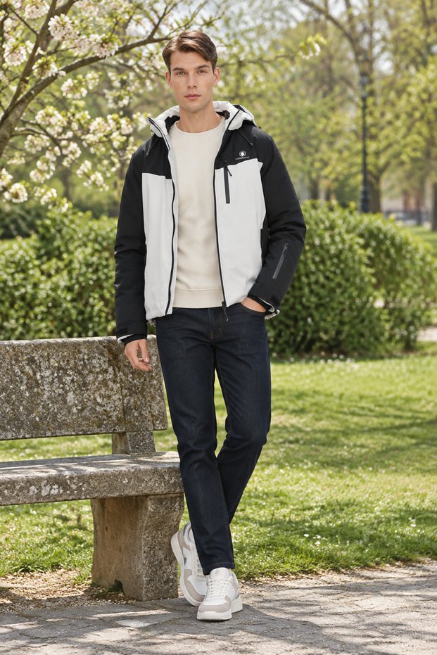 Xn-3029 Men's Black and White Casual Hooded Coat