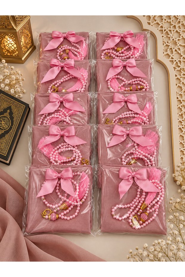 10 Pieces of Pink Gelatin with Bowknots, Flared Veil and Prayer Beads Set