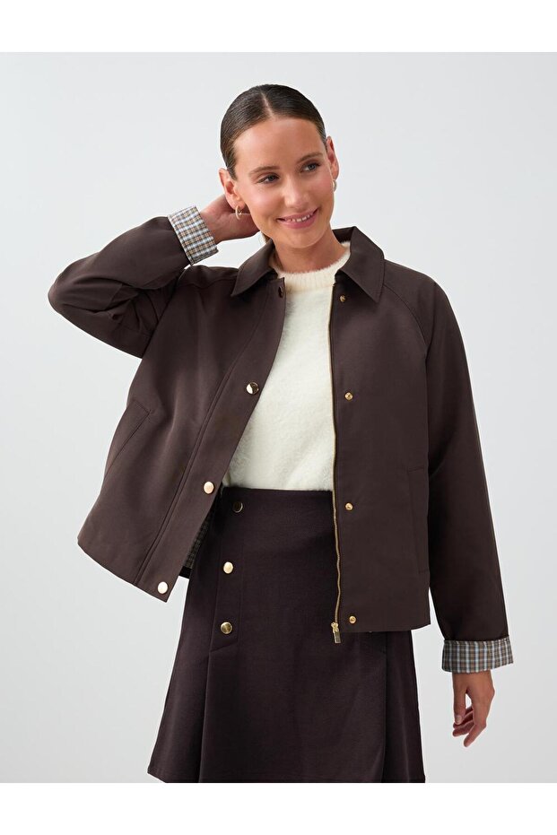 Brown Button Detailed Plaid Cuffed Shirt Collar Jacket