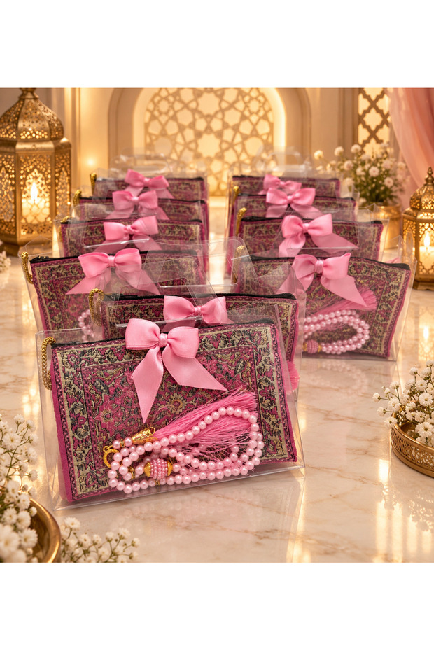 10 Pieces of Pink Bowknots in a Bag, Flared Cover Wallet and Prayer Beads Set