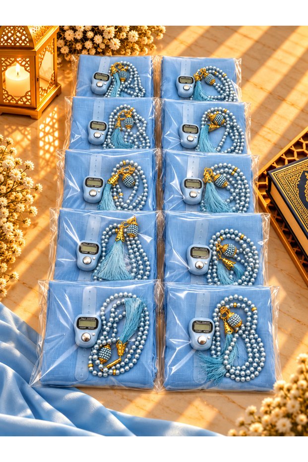 10 Pieces of Blue Gelatin Flamed Cover Prayer Beads and Simple Zikirmatik Set