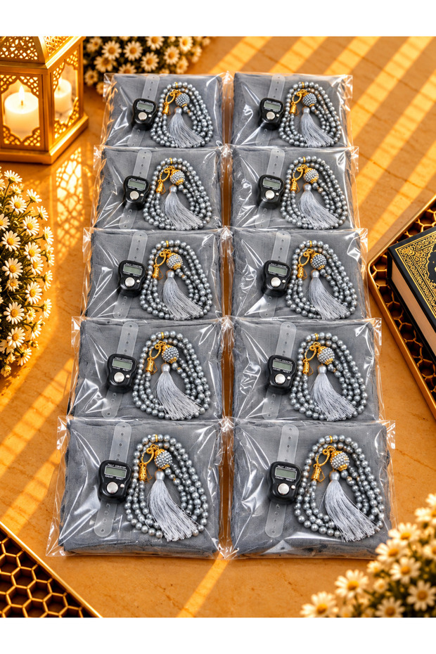 10 Pieces of Gray Gelatin Covered Prayer Beads and Simple Zikirmatik Set