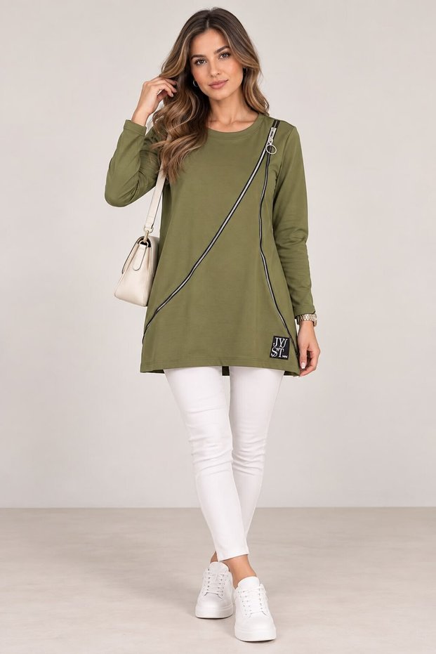 Women's Crew Neck Long Sleeve Sporty Stylish Zipper Detailed Design Sweatshirt Blouse