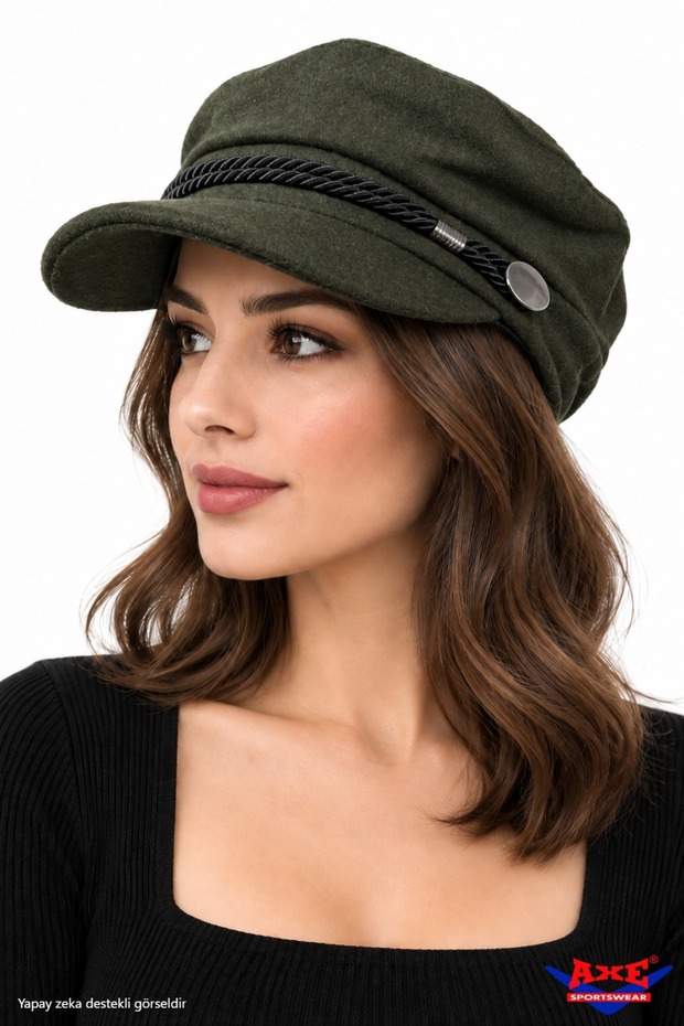 Dark Khaki Cashmere Captain's Cap Hat with Rope Detail Stylish Design Brimmed Elasticated Back Autumn Winter Painter's Sailor Hat