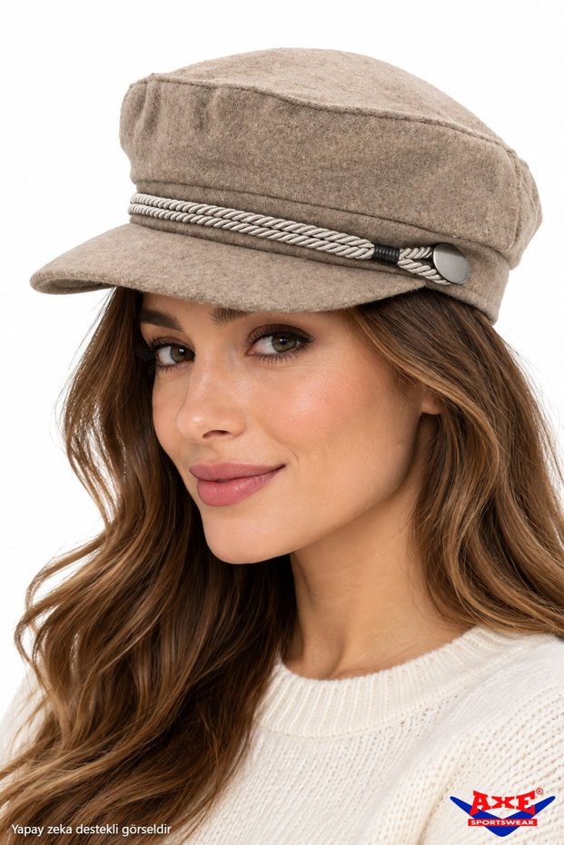 Dark Beige Color Cashmere Captain's Cap Hat with Rope Detail Stylish Design Brimmed Elastic Back Autumn Winter Painter's Sailor Hat