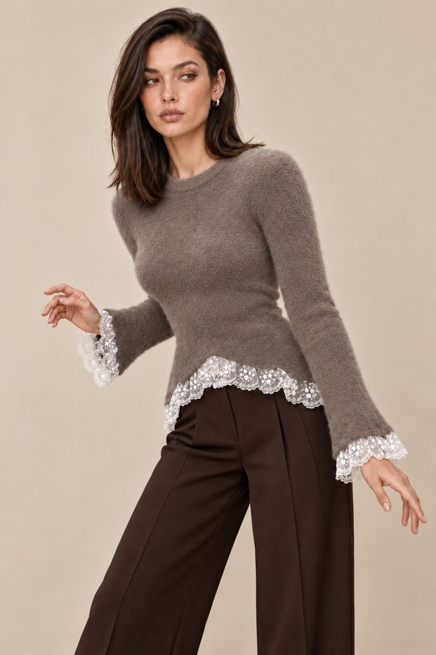 Women's Romantic Curved Cut Knitwear Sweater with Lace Detail on Sleeves and Hem