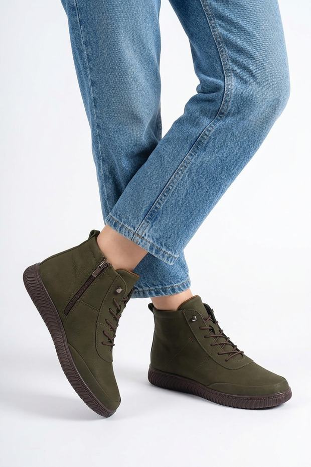 Altor Side Zipper Stitched Rubber Tied Sole Genuine Leather Women's Boots Khaki Nubuck