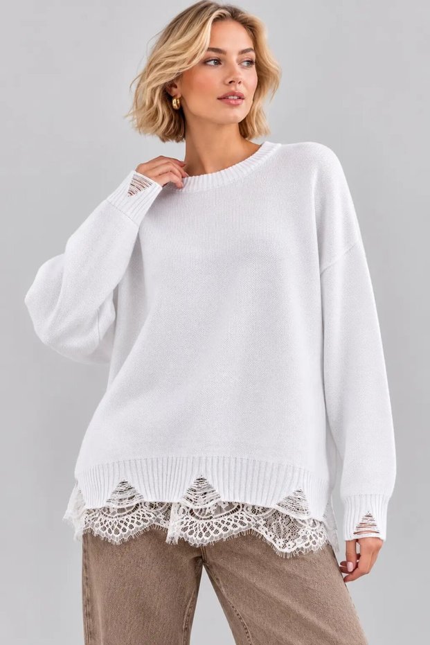 Women's Loose Knit Sweater with Ruffled Hem and Ripped Detail 12561