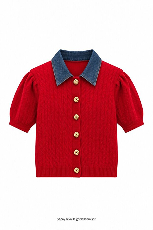 Denim Collared Red Knitwear Cardigan