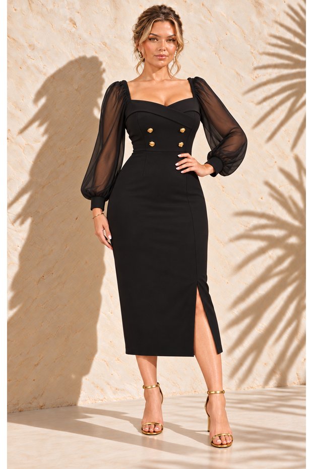 Women's Plus Size Sweetheart Neckline Chiffon Balloon Sleeve Waist Gold Brooch Detailed Stretchy Evening Dress 24123