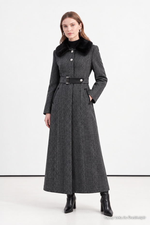 Anthracite Coat with Fur Collar and Buckle Belt 13425