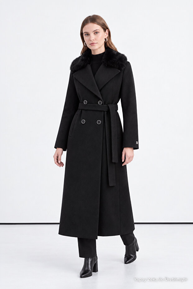 Fur Collared Belted Double-Breasted Black Coat 14110