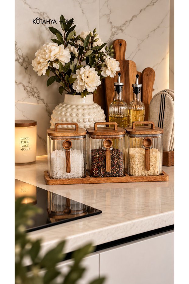 Akasya Set of 3 Square Glass Jars with Stands - Spice Set 3 X 950 ml with Handle Lids - Vacuum Lid