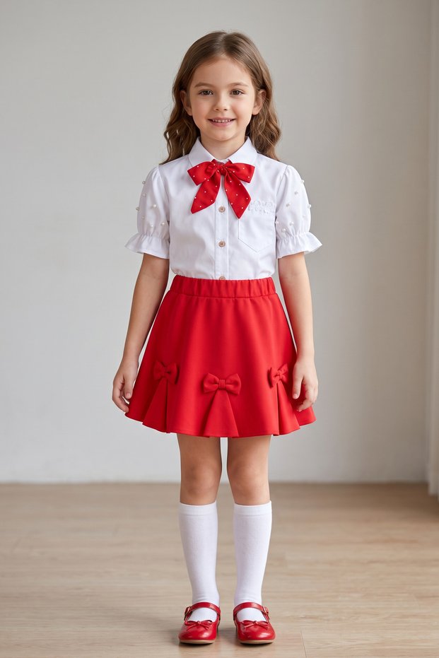 Girls' Red Scarf Short Sleeve Pearl Shirt Ribbon Skirt April 23 October 29 Show Outfit