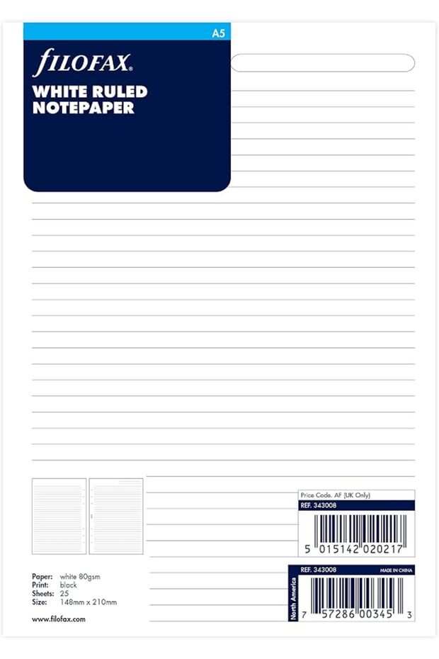 A5 white ruled notepaper refill