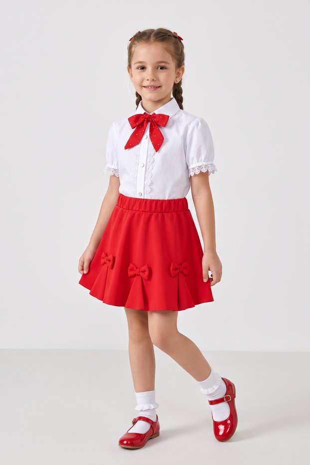 Girl's Red Scarf Short Sleeve Lace Shirt Ribbon Skirt April 23 October 29 Show Outfit