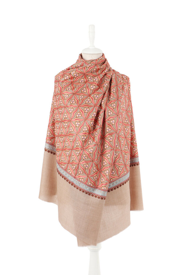 Beige Fully Embroidered Suzani Wool Shawl
