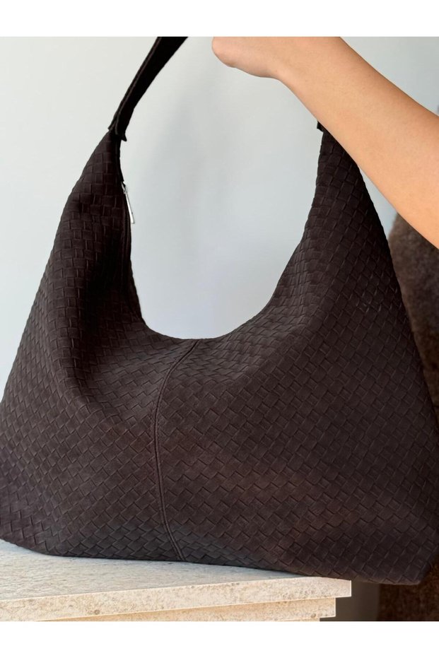 Women's Suede Zakkum Model Casual Shoulder Bag with Knitted Detail