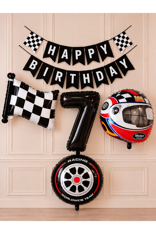 Party 7 Years Old Race Themed Birthday Decoration Set 4-Piece Foil Balloon Helmet Tire Checkered Flag Happy Birthday Banner 1-9 Years Old