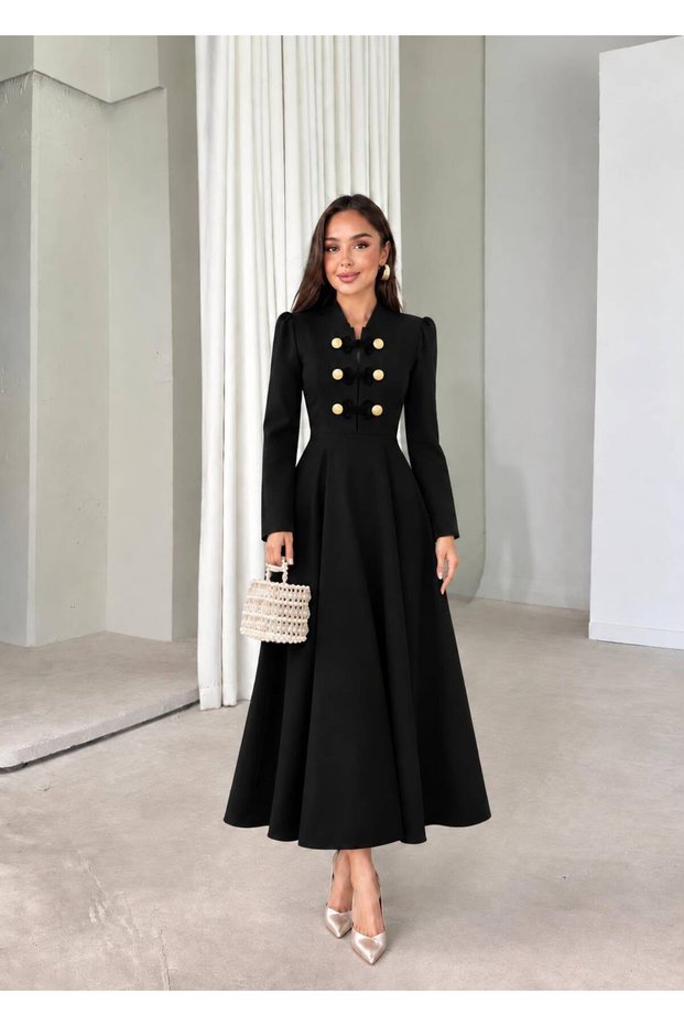 Women's Long Sleeve High Neck Black Waist Fitted Front Button Detail Long Evening Dress Graduation Gown