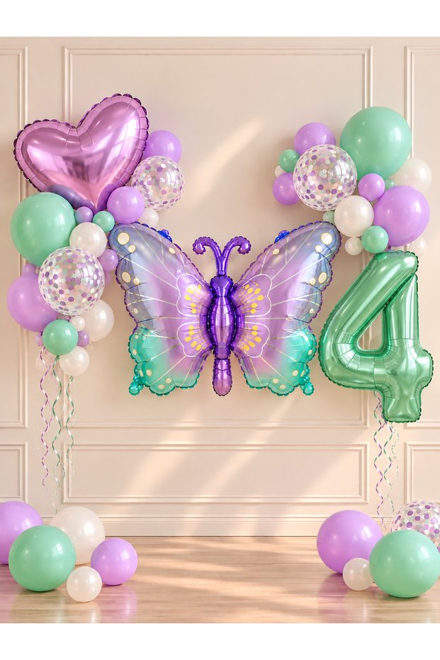 Party 4 Year Old Butterfly Themed Birthday Balloon Set Lilac Green Party Decoration Set with Heart and Number Foil Balloons