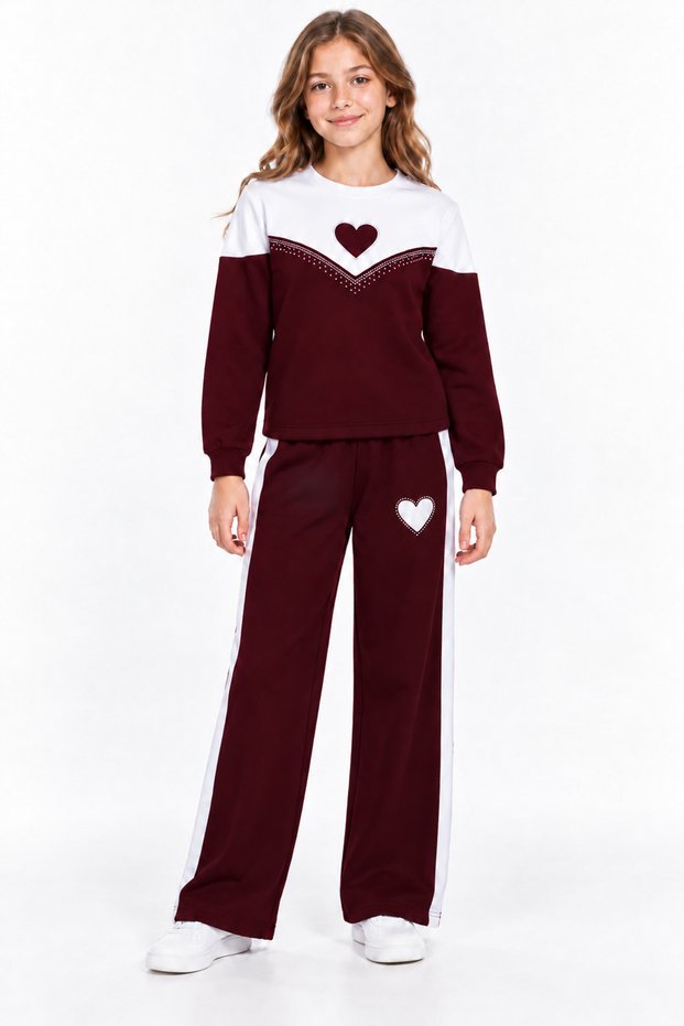 65510-26 Girl's Heart Detailed Sweatshirt and Wide Leg Sweatpants Set with Side Stripes, Ages 11-14