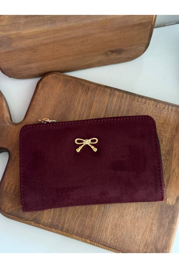 Suede Bow Detailed Zippered Small Wallet and Card Holder