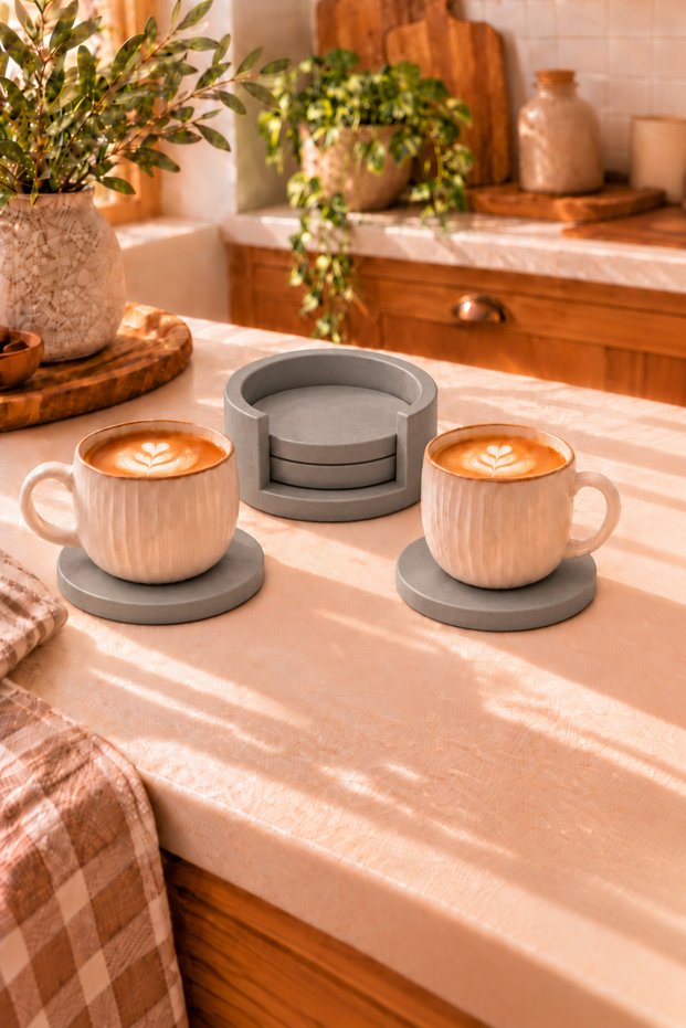 Decorative Concrete Gray Color 4 Piece Coaster Set with Stand Bohemian Style Coasters