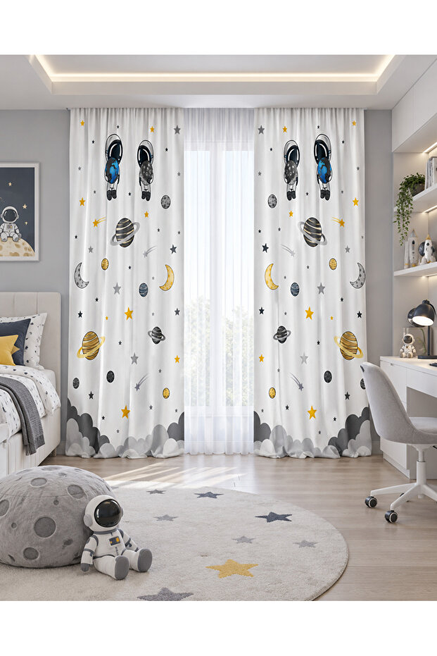 Astronaut Planet and Star Pattern Double Winged Background Curtain