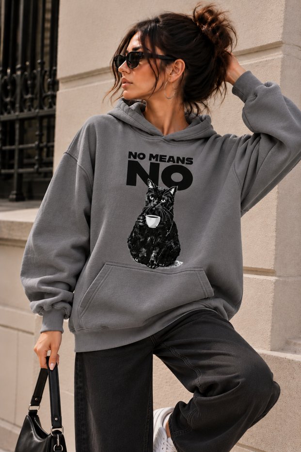 Women's Oversize Sweatshirt Hooded Cat Printed No Means No Black Graphic Printed Kangaroo Pocket Casual Sweatshirt