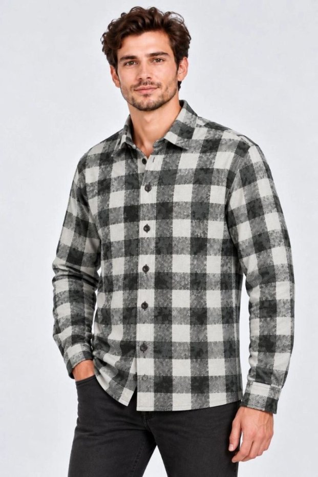 Men's Plaid Checkered Batik Washed Shirred Long Sleeve Regular Fit Lumberjack Shirt - Gray Mariposa Secre