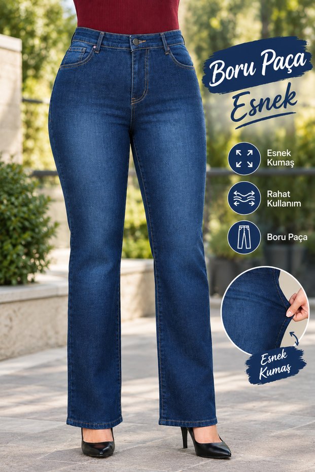 Navy Blue Pipe Leg Comfortable Fit Lycra Women's Large Size Jeans