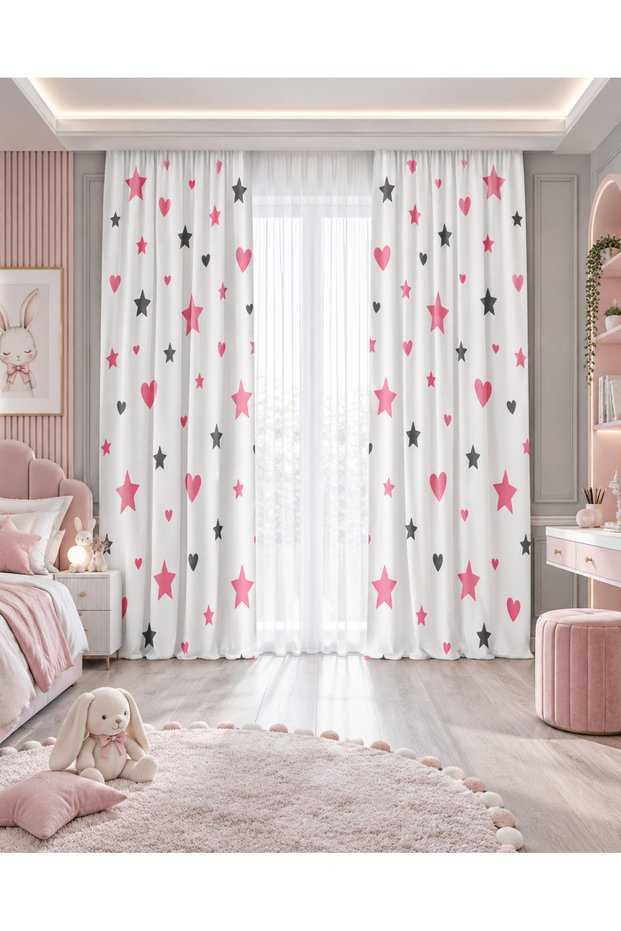 Pink Gray Heart and Star Patterned Double Winged Background Curtain