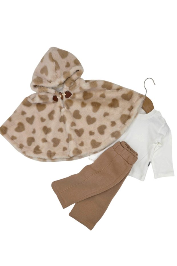 Baby Girl Winter Plush Cloak 3-Piece Poncho Set, Stylish Girl Set for 6-9-12-18-24 Months