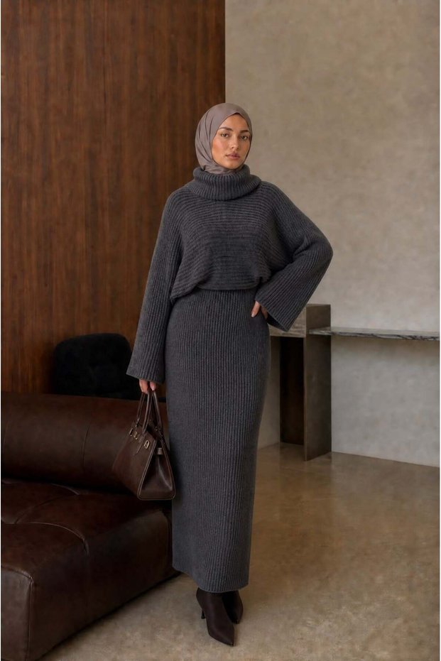Women's High-Necked Off-Shoulder Wide-Sleeved Skirted Hijab Knitwear Two-Piece Combination Set