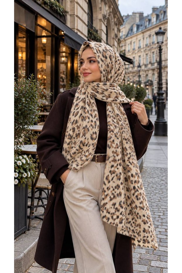 Beige Leopard Patterned Women's Hijab Shawl 90X180 cm