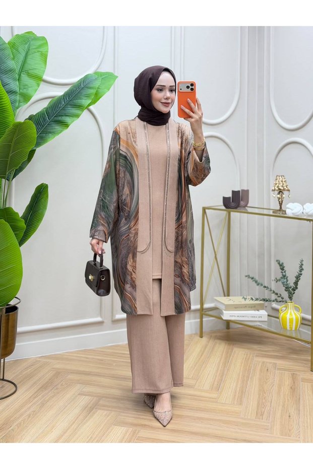 Large Size Oval Stone Detailed Knitted Fabric Three-Piece Set